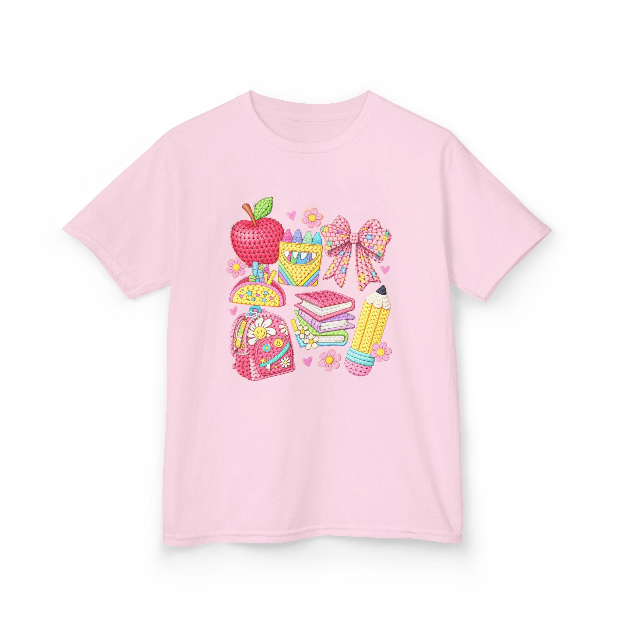 Kids Back to School T-Shirt — Cute School Supplies Design (Apple, Backpack, Books)