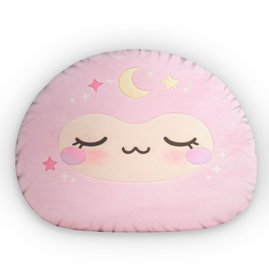 Pink Kawaii Moon Face Pillow — Cute Custom Shaped Decorative Pillow for Kids & Nurseries
