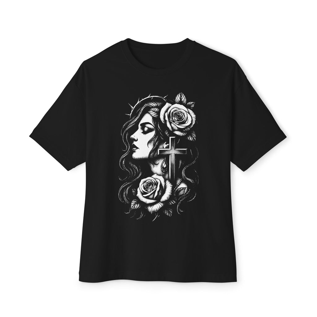 Gothic Rose & Cross Boxy Tee — Spiritual Floral Graphic Shirt