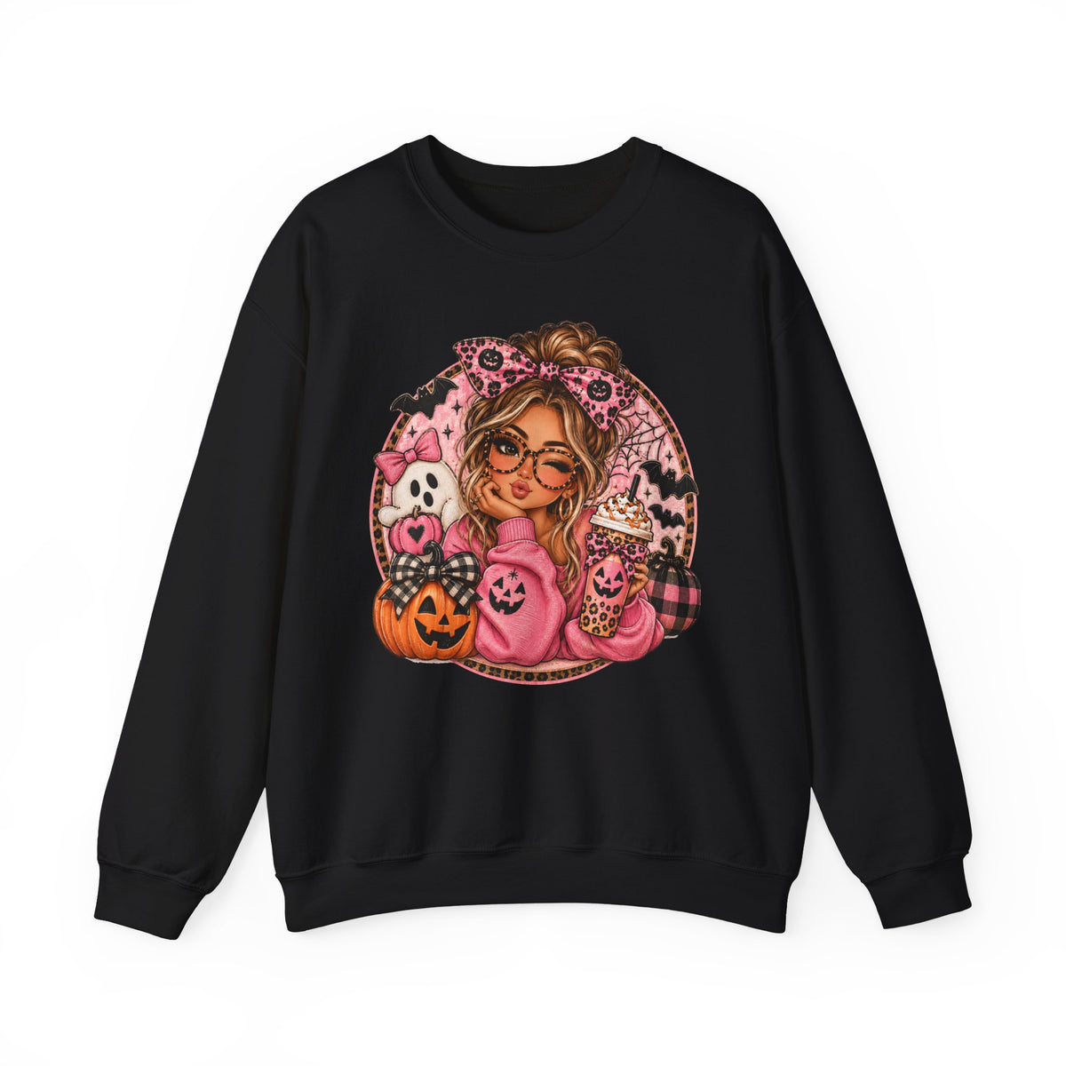 Halloween Girl Crewneck Sweatshirt – Cute Pink Pumpkin & Ghost Cozy Pullover