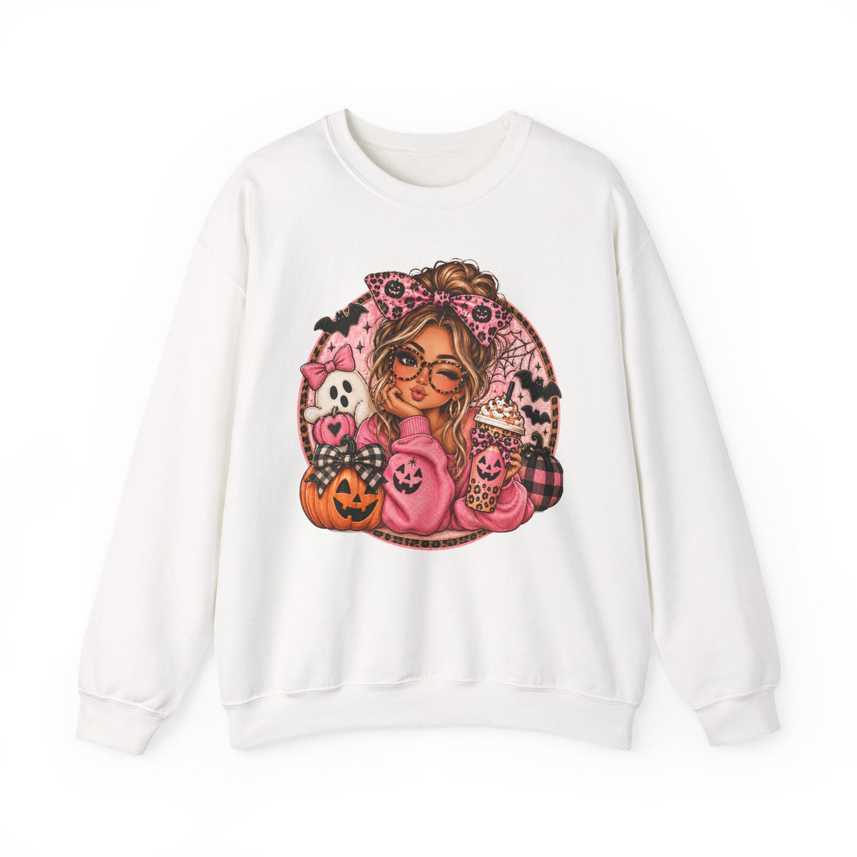 Halloween Girl Crewneck Sweatshirt – Cute Pink Pumpkin & Ghost Cozy Pullover