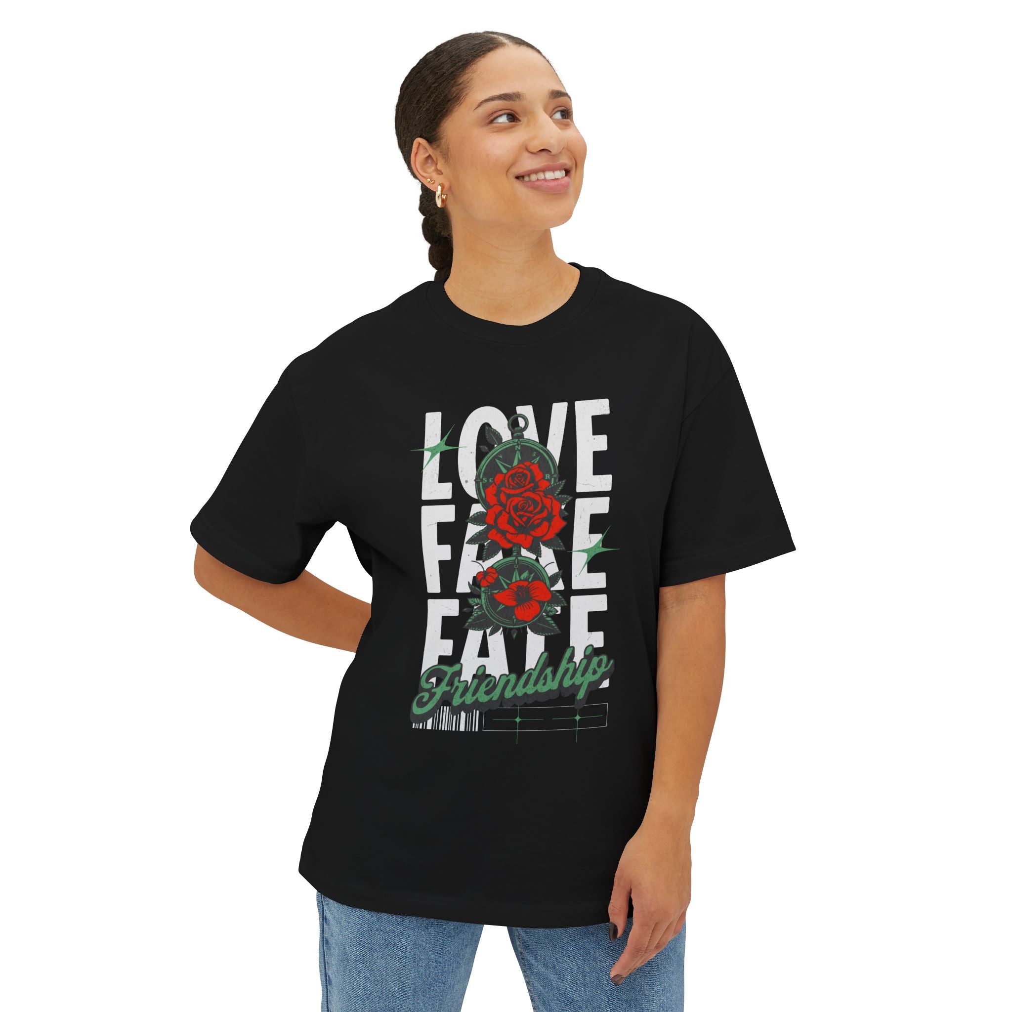 Love, Fate & Friendship Graphic Tee — Rose Typography Oversized Shirt