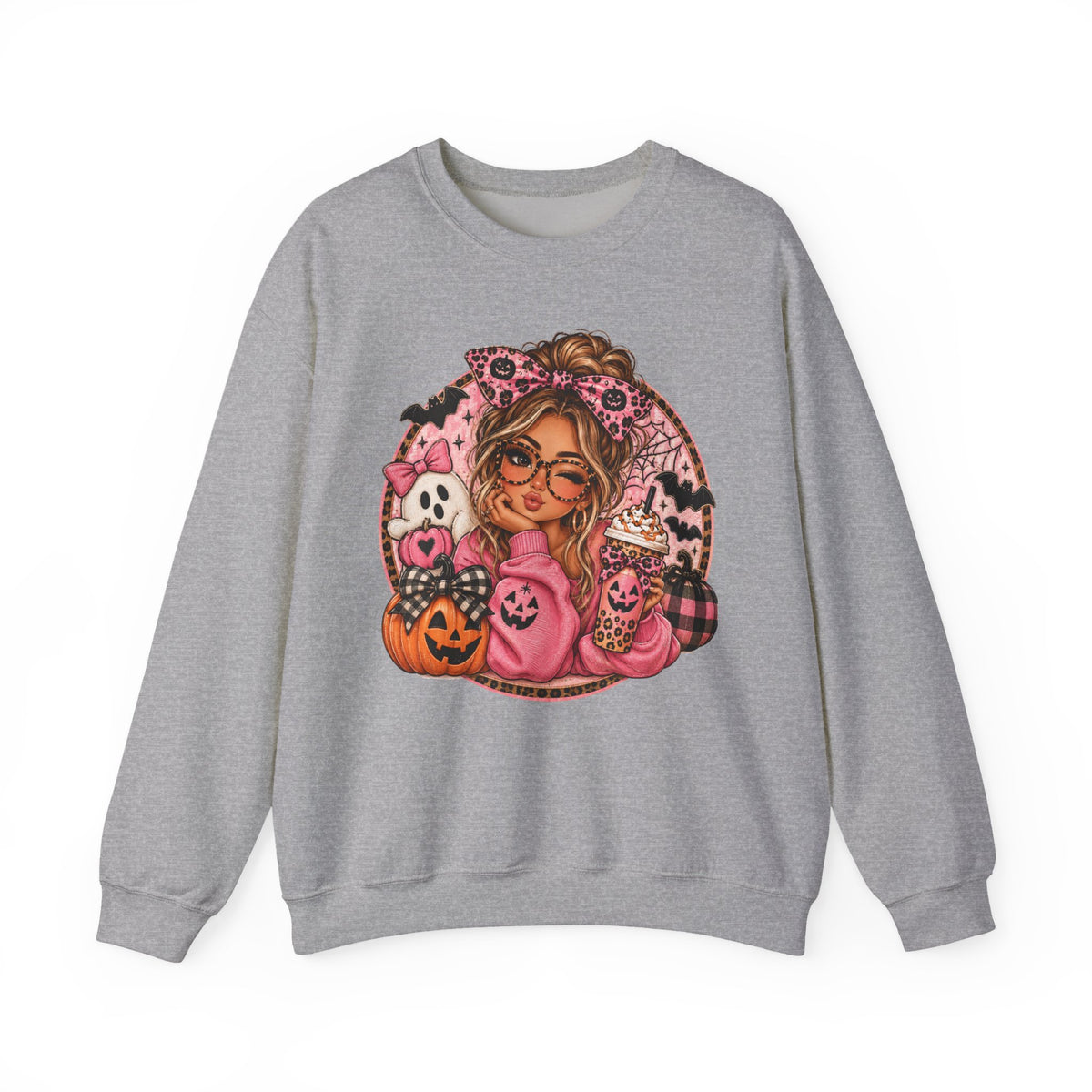 Halloween Girl Crewneck Sweatshirt – Cute Pink Pumpkin & Ghost Cozy Pullover