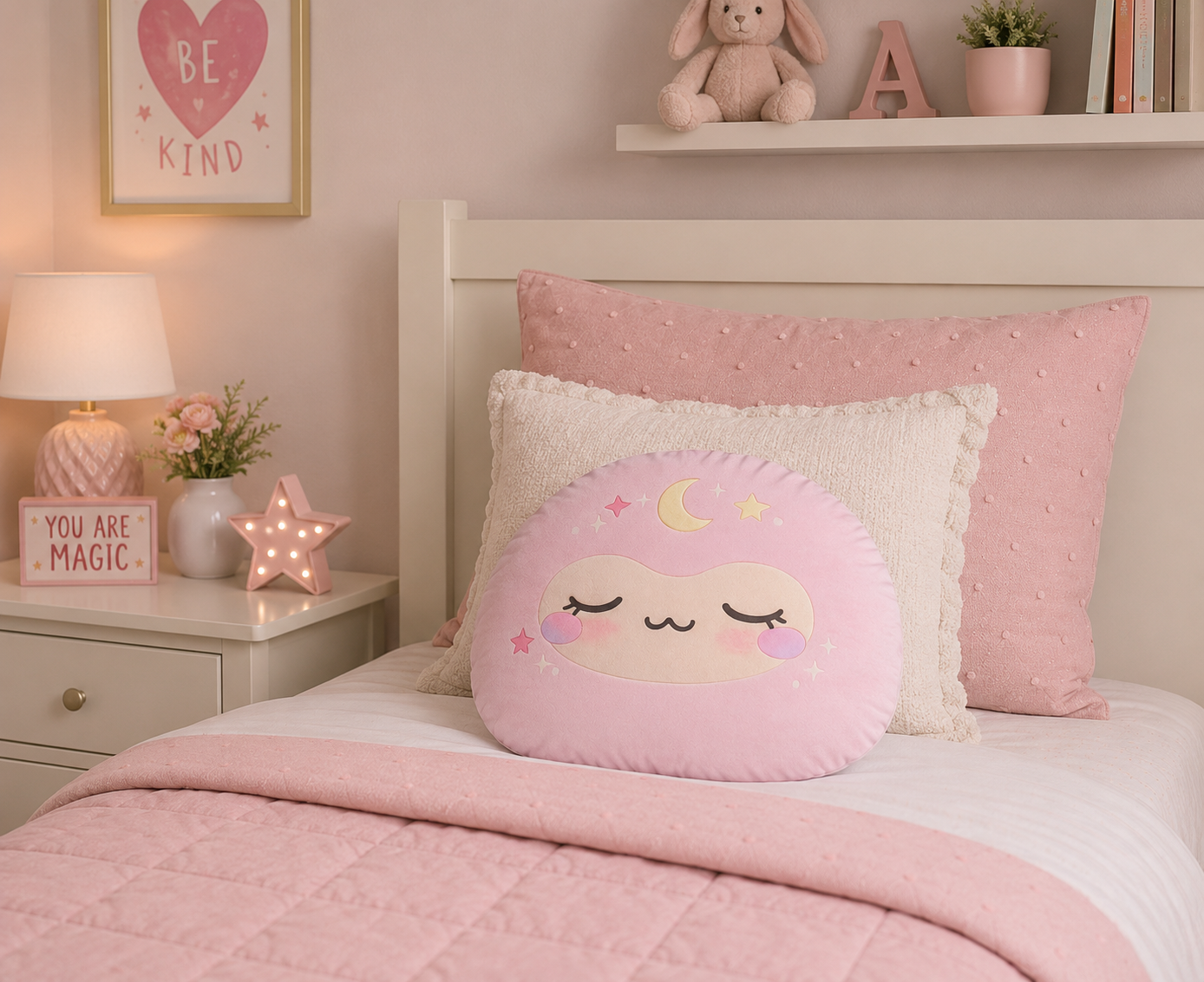 Pink Kawaii Moon Face Pillow — Cute Custom Shaped Decorative Pillow for Kids & Nurseries
