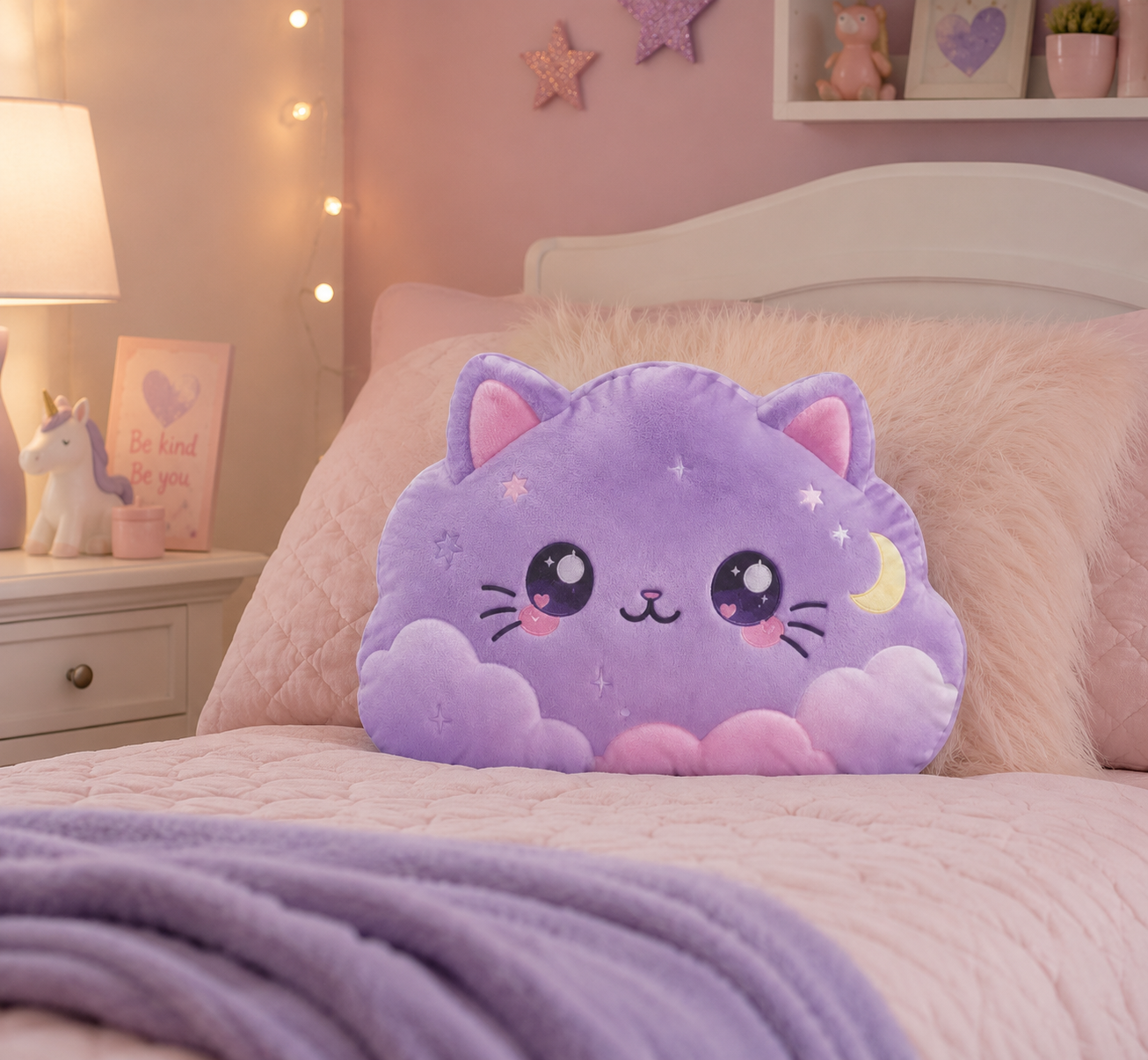 Kawaii Purple Cloud Cat Pillow — Custom Shaped Cute Cat Cushion