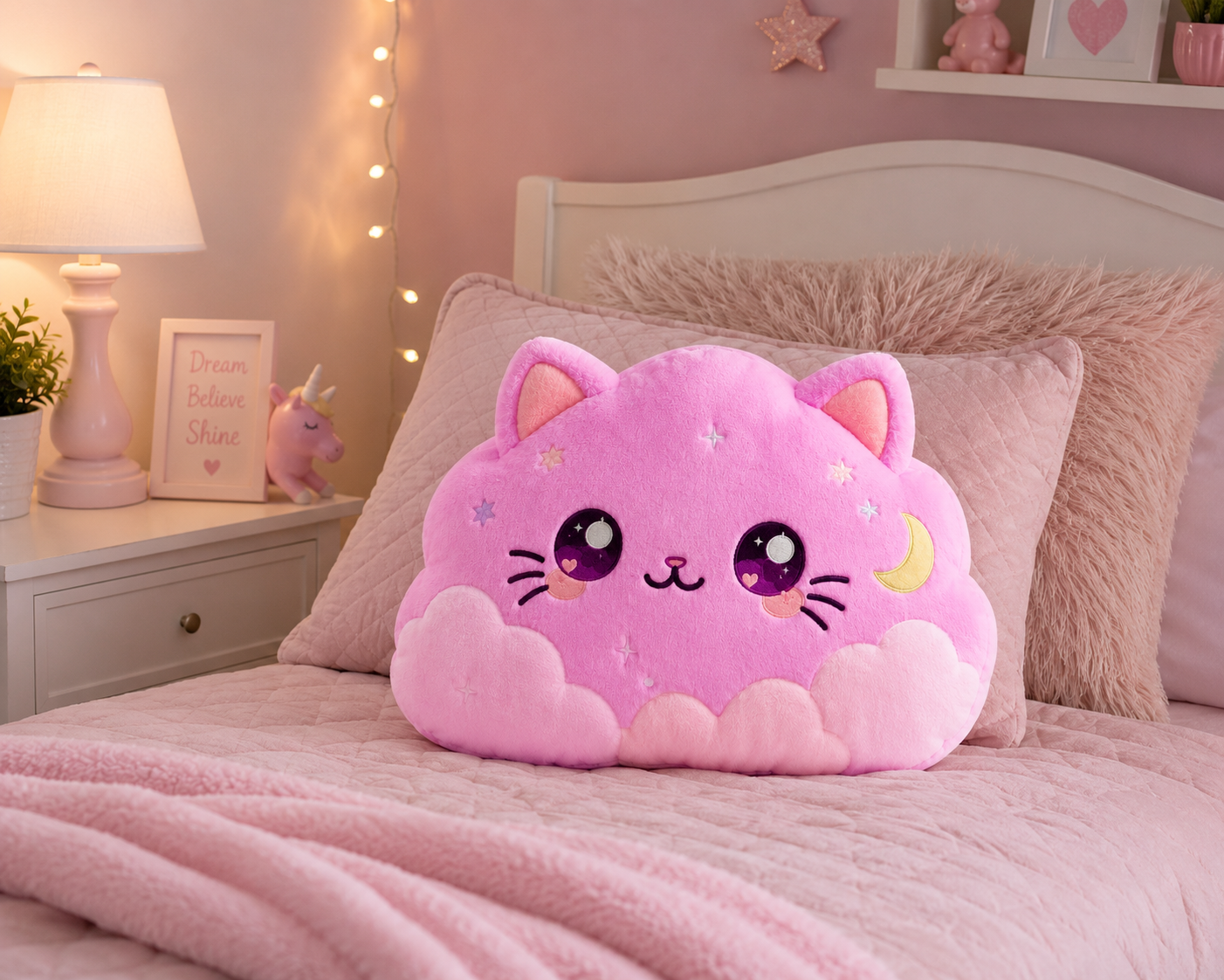 Kawaii Pink Cat Cloud Pillow — Cute Custom Shaped Throw Pillow