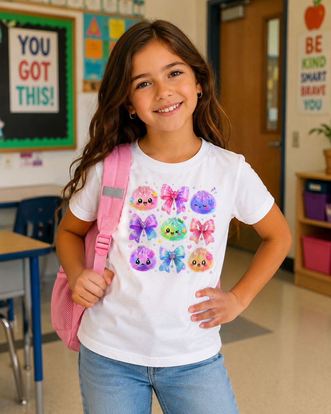 Kids Cute Squishy Faces T-Shirt — Colorful Bow & Jelly Characters Tee