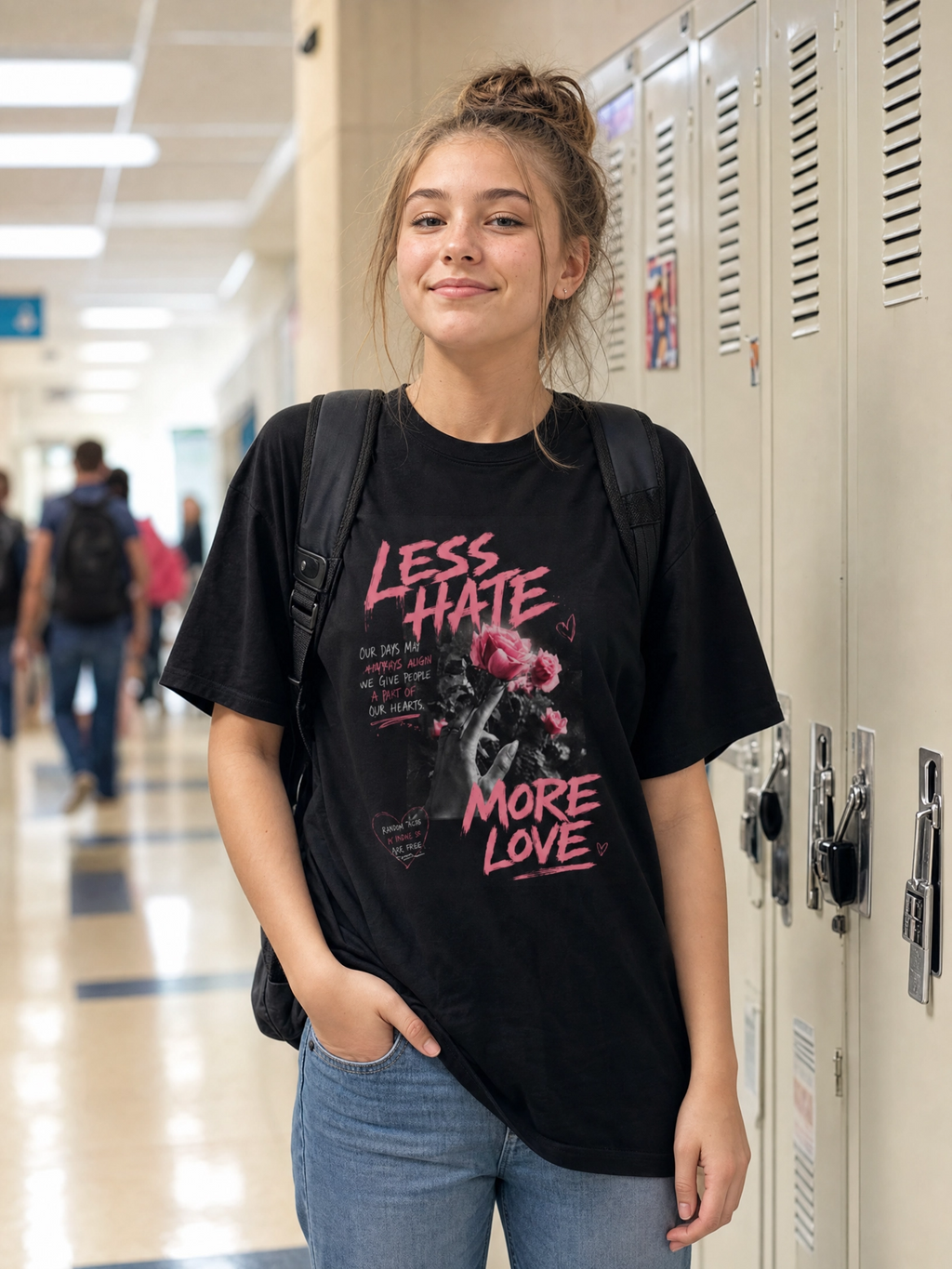 Less Hate More Love Boxy Tee — Floral Graphic Statement T-Shirt