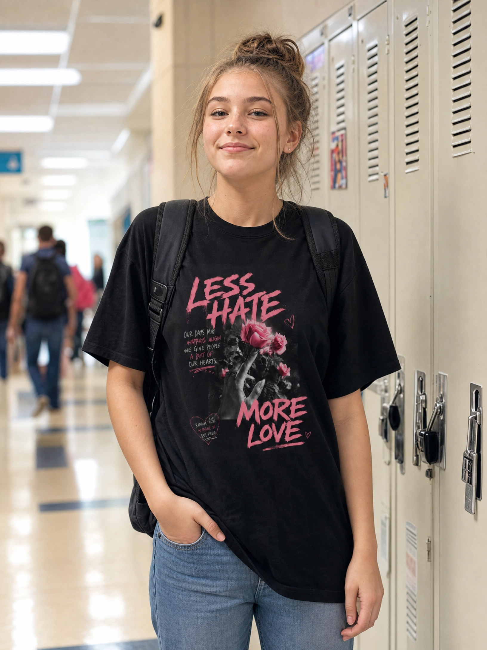 Less Hate More Love Boxy Tee — Floral Graphic Statement T-Shirt