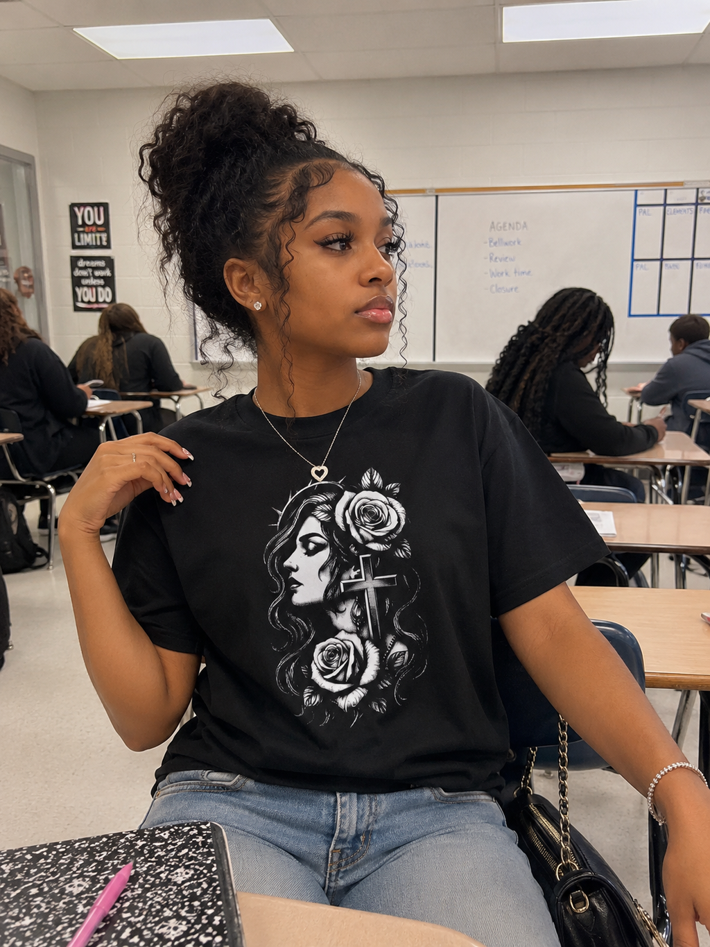 Gothic Rose & Cross Boxy Tee — Spiritual Floral Graphic Shirt