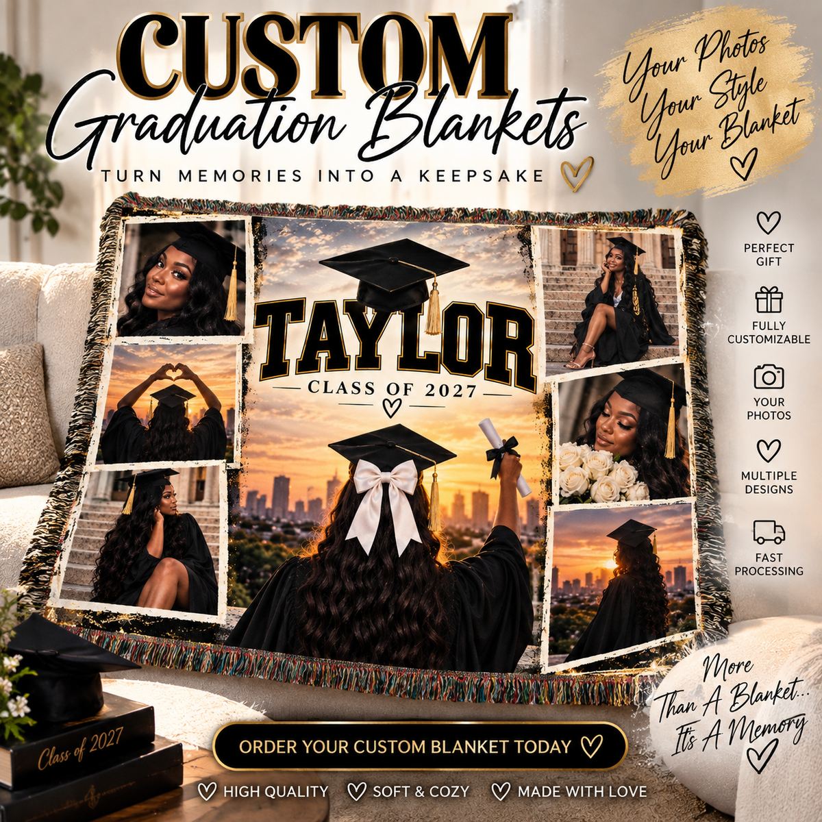 Personalized Graduation Woven Blanket – Custom Name & Class of 2027 Keepsake