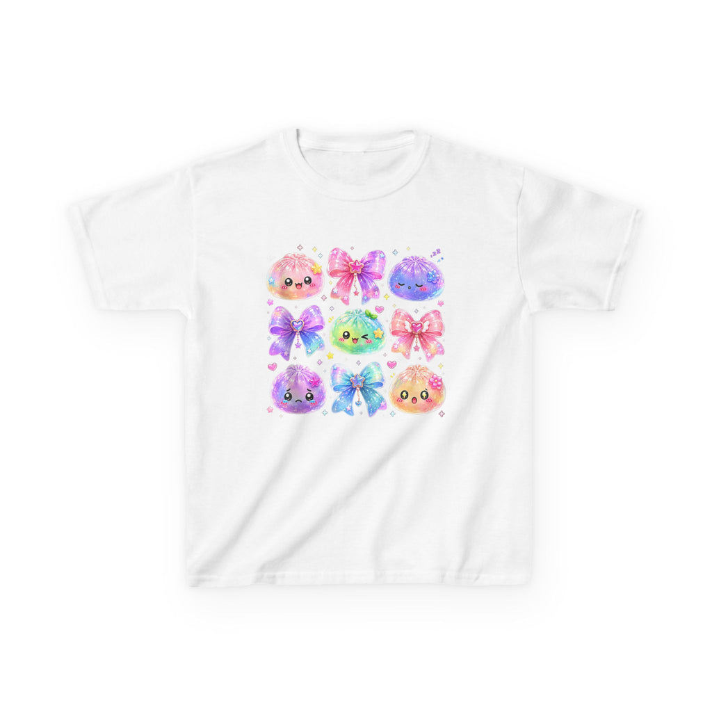 Kids Cute Squishy Faces T-Shirt — Colorful Bow & Jelly Characters Tee
