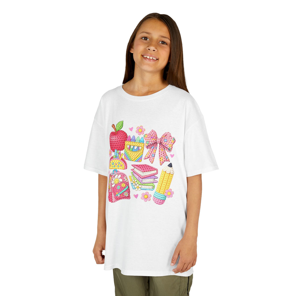 Kids Back to School T-Shirt — Cute School Supplies Design (Apple, Backpack, Books)