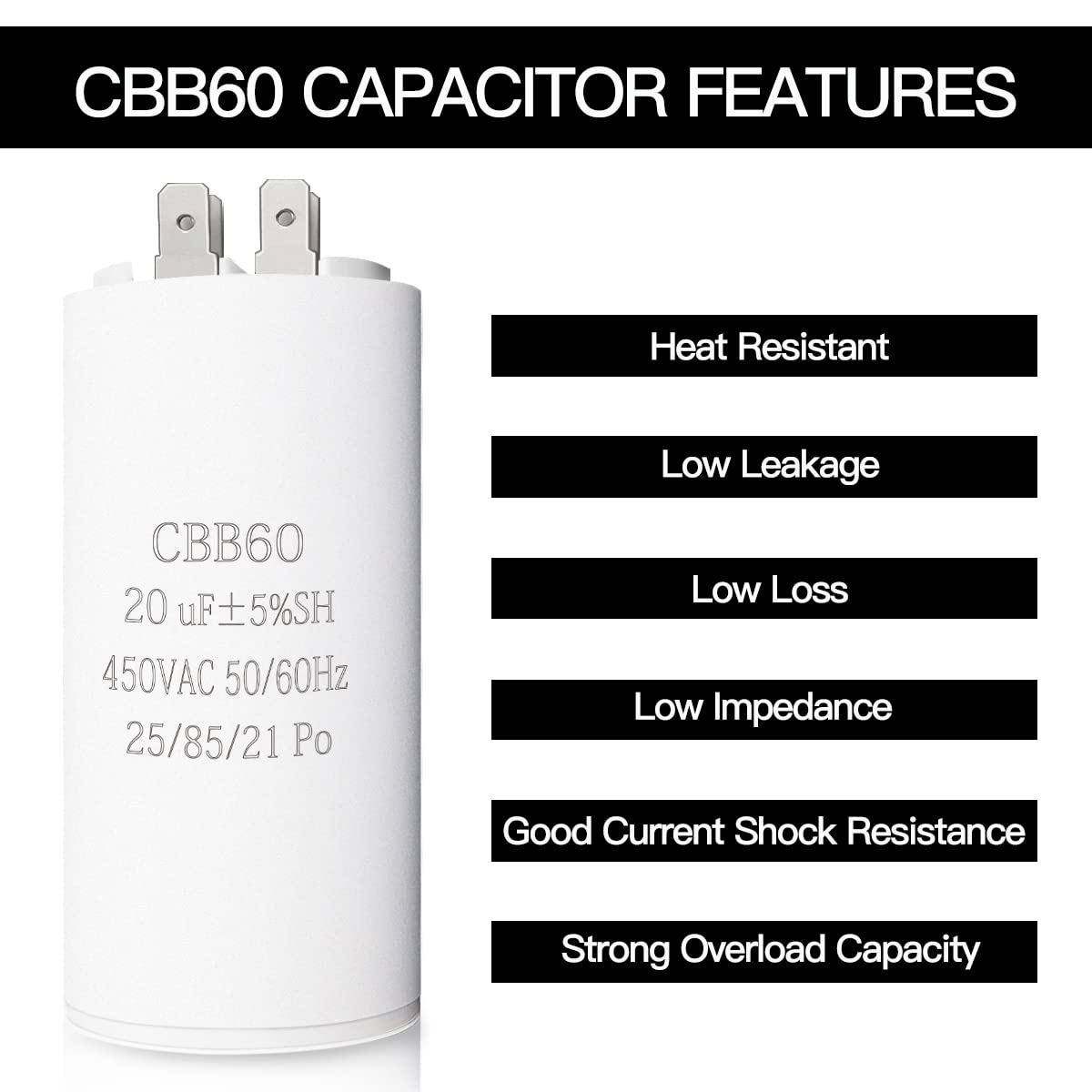 20UF CBB60 Motor Run Capacitor, 450VAC 50/60HZ Cylindrical Capacitor for Motor R