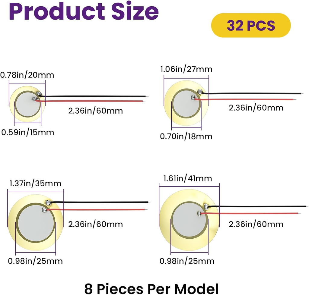 32Pcs Piezo Disc Transducer, 4 Sizes 20Mm, 27Mm, 35Mm, 41Mm, Contact Microphone