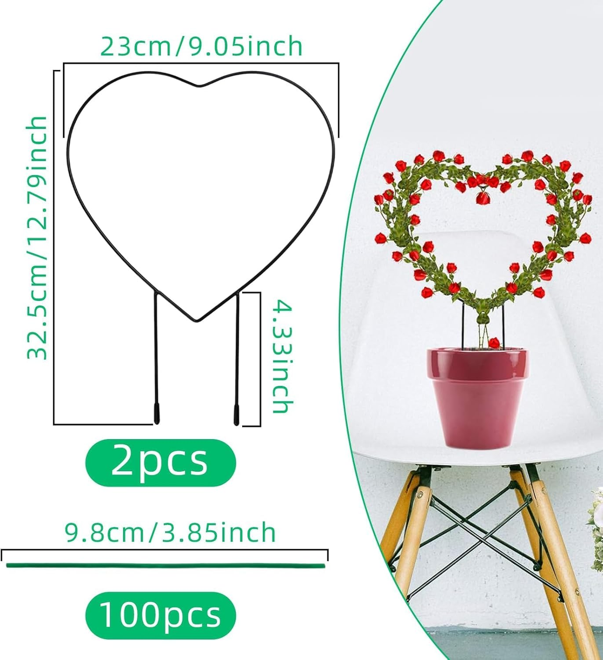 2 PCS Heart Shaped Plant Trellis Indoor with 100 Plant Twist Tie, Iron Heart Tre