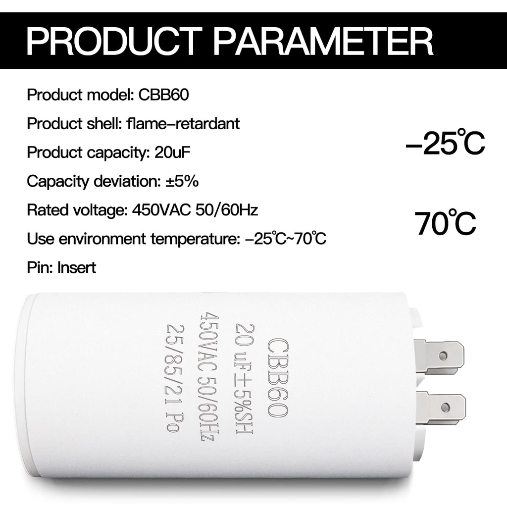 20UF CBB60 Motor Run Capacitor, 450VAC 50/60HZ Cylindrical Capacitor for Motor R