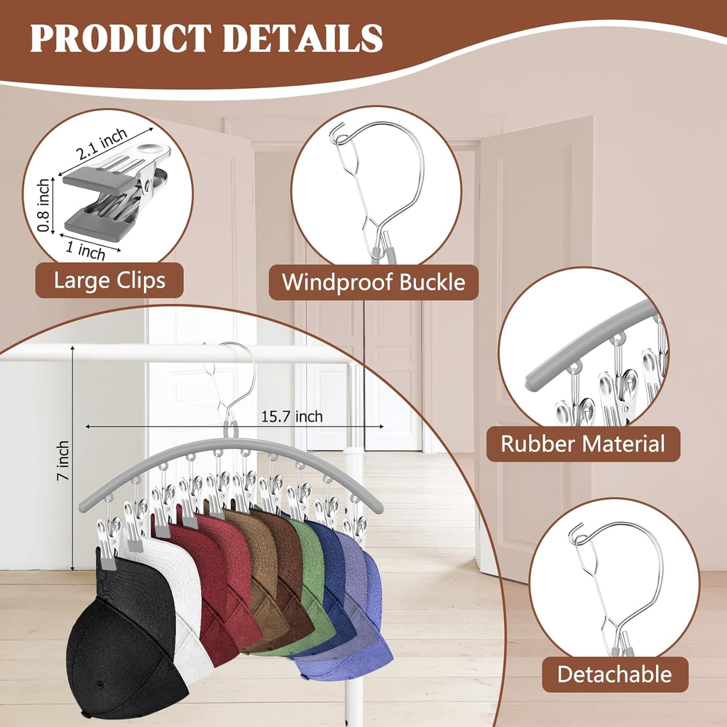 3 Pack Hat Hangers for Closet Display, Metal Hat Organizer for Baseball Caps wit