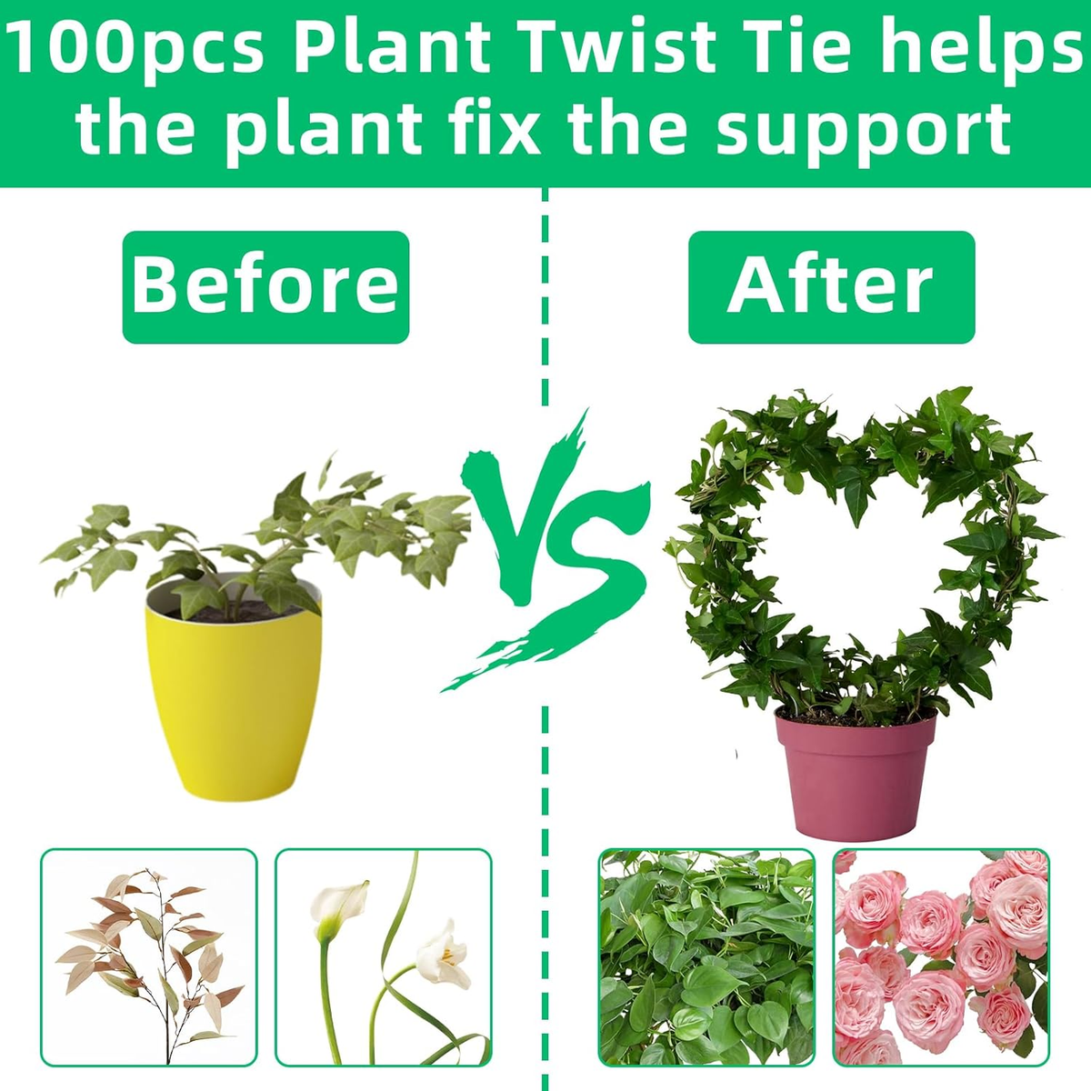 2 PCS Heart Shaped Plant Trellis Indoor with 100 Plant Twist Tie, Iron Heart Tre