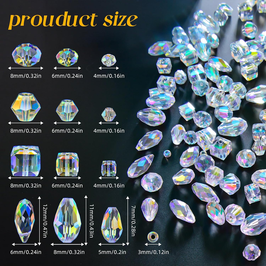1500 Pcs Crystal Glass Beads for Jewelry Making – 12 Styles Bicone, Rondelle, Cu