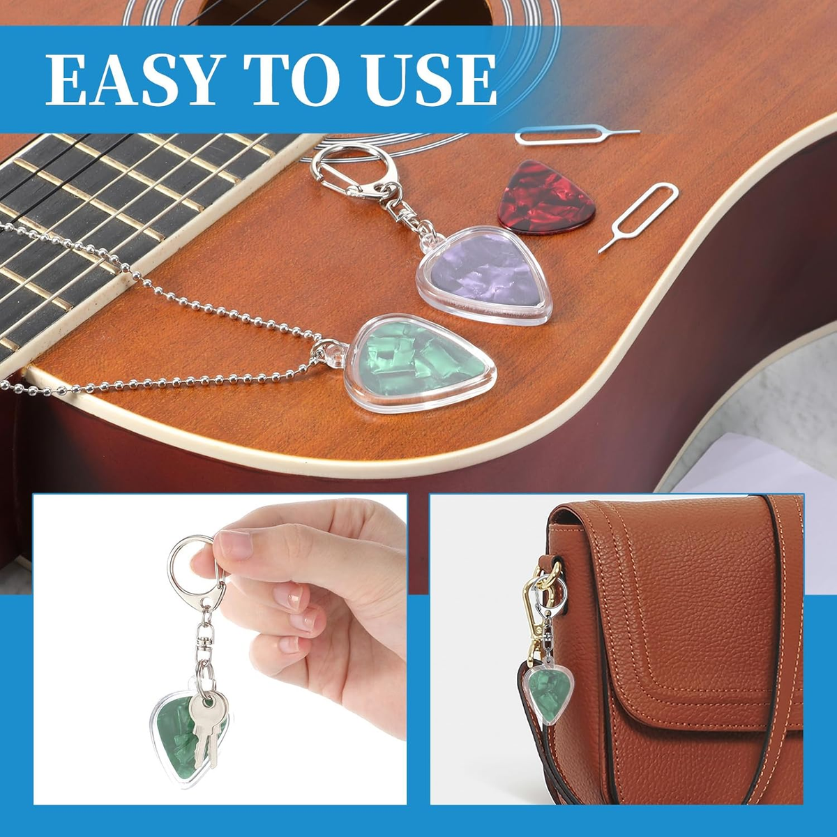 2 PCS Guitar Pick Holder, Heart Shaped Clear Picks Storage Box, Keychain and Nec