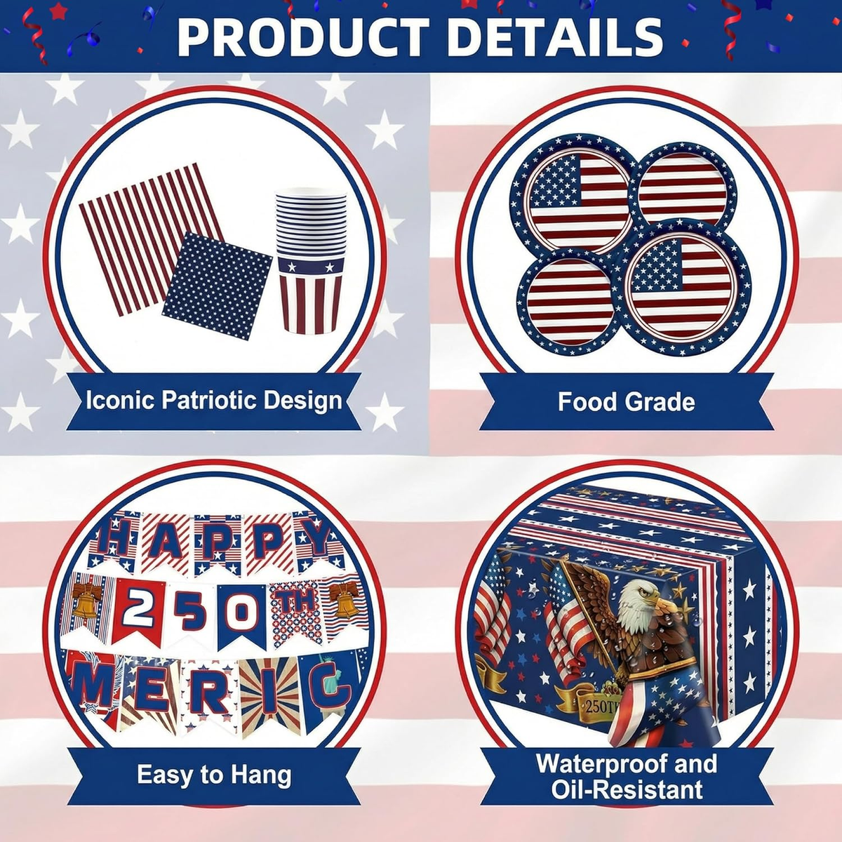 140 Pack 250Th Anniversary Decorations- Serve 24 - Patriotic Plates Tablecloth N
