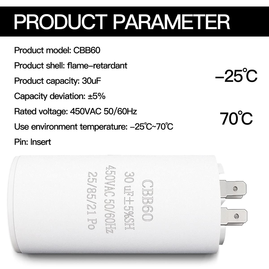30UF CBB60 Motor Run Capacitor, 450VAC 50/60HZ Cylindrical Capacitor for Motor R