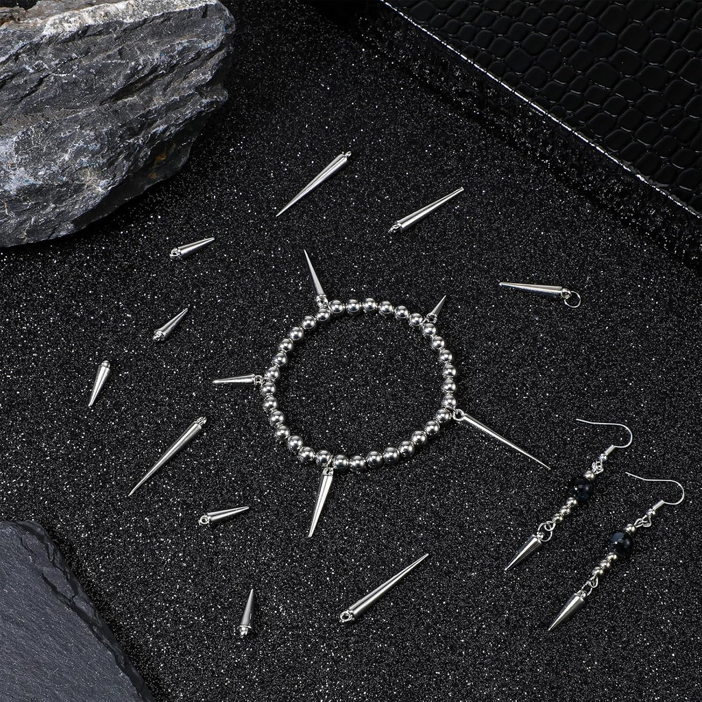 120 Pcs Cone Charms, Long Gothic Charms Silver Spikes Set for Jewelry Making Cha