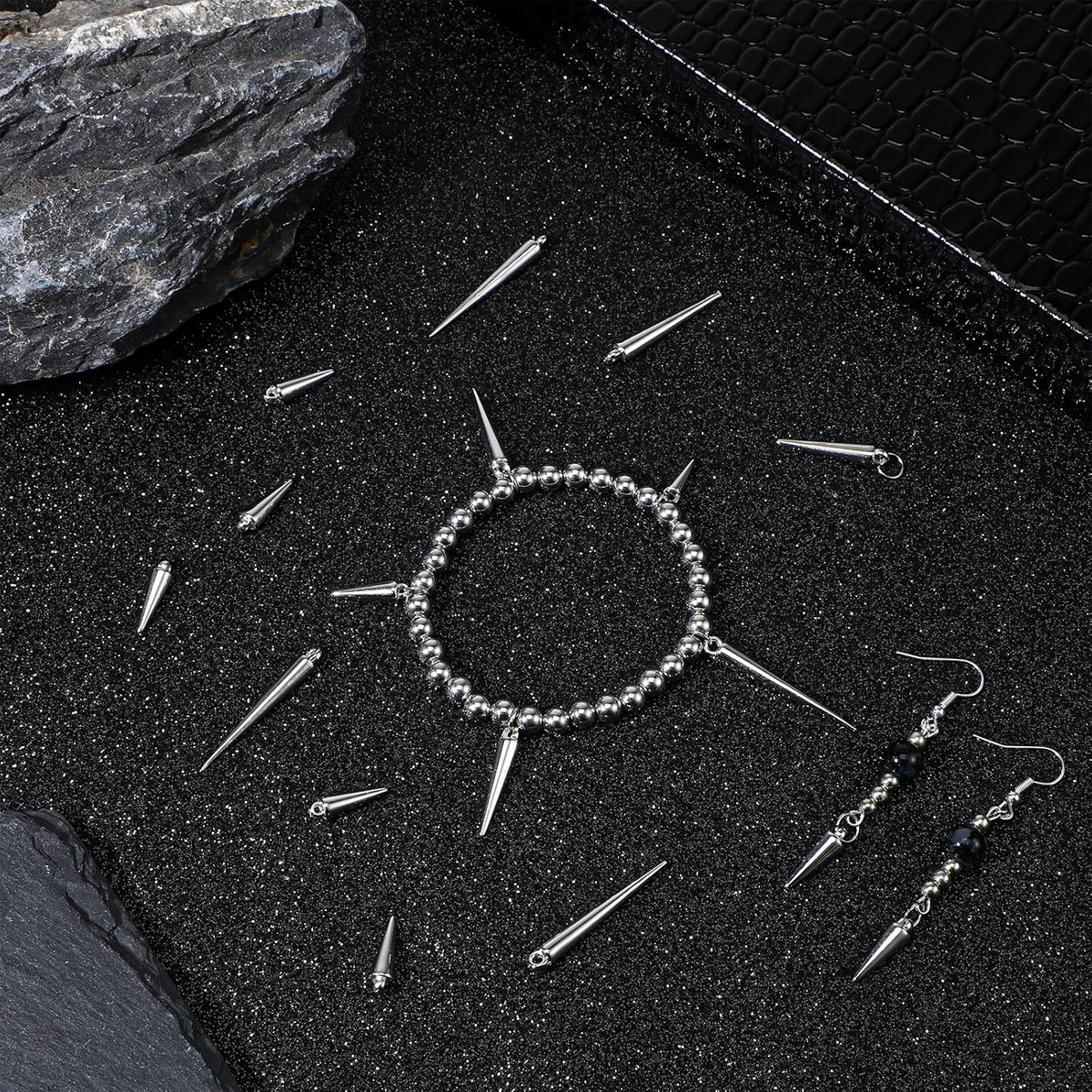 120 Pcs Cone Charms, Long Gothic Charms Silver Spikes Set for Jewelry Making Cha