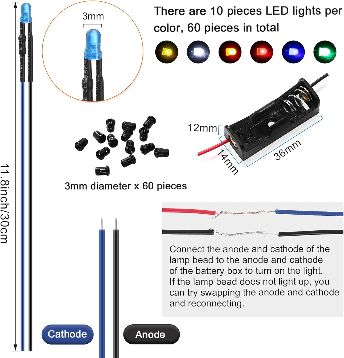 126 Pcs 12V LED Lights Kit, 60 Pre Wired LED Light Emitting Diodes 60 Plastic La