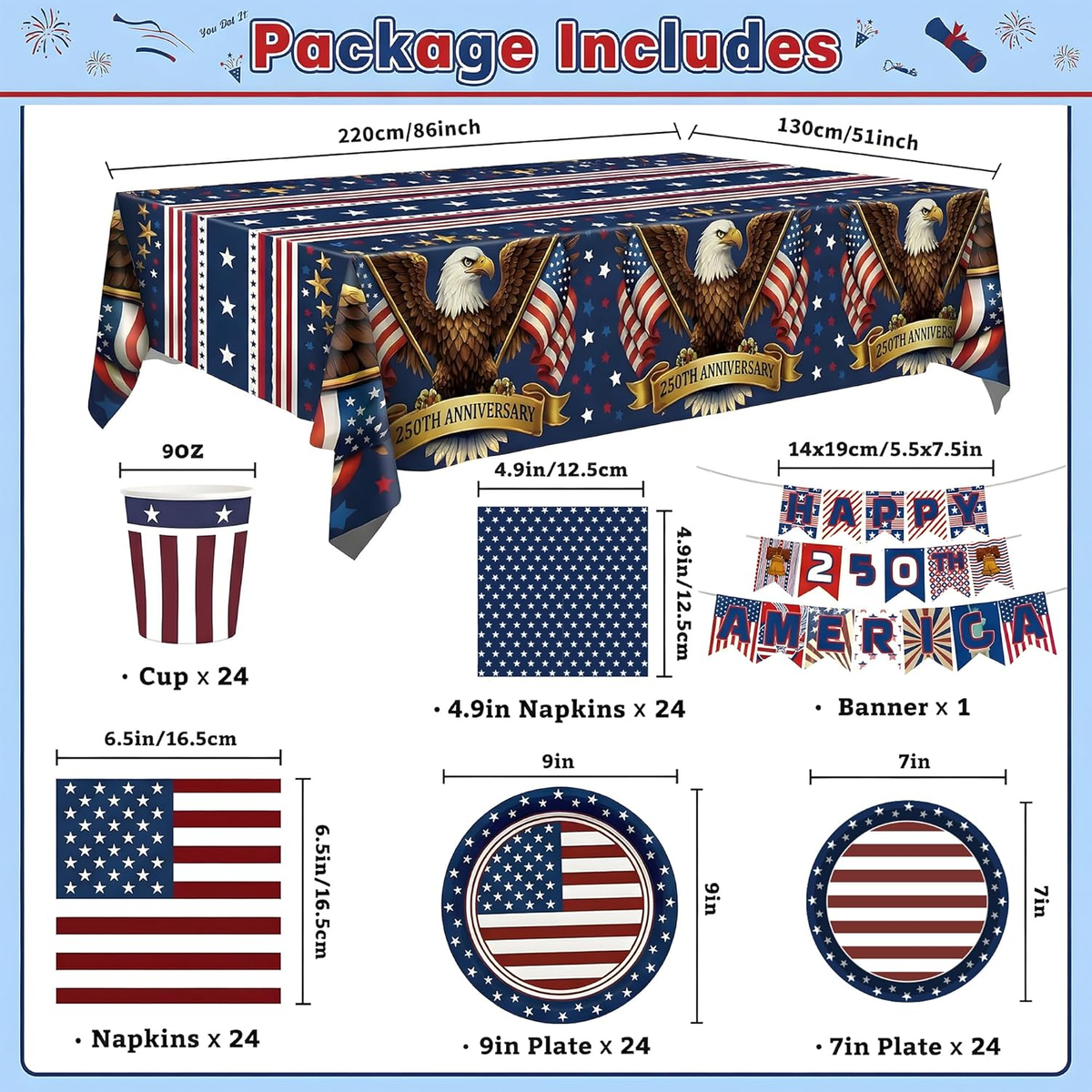 140 Pack 250Th Anniversary Decorations- Serve 24 - Patriotic Plates Tablecloth N