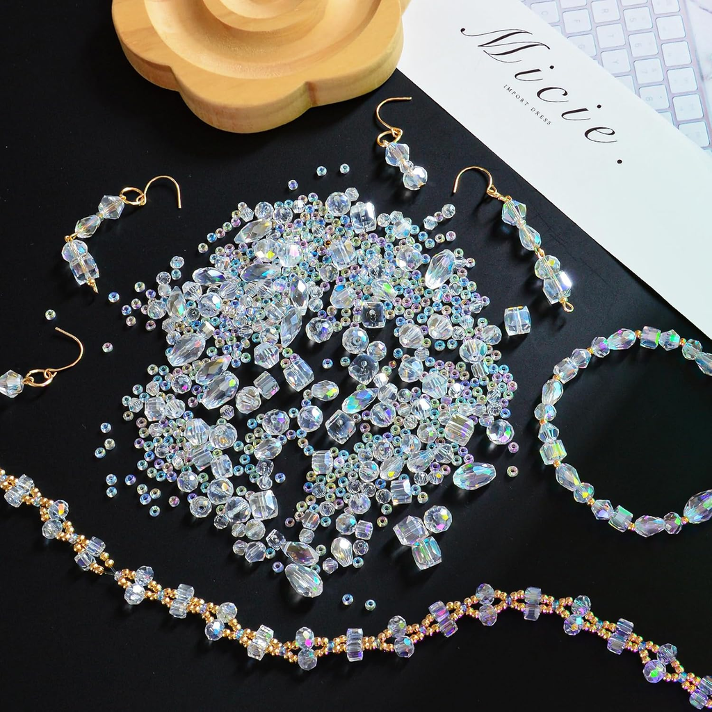 1500 Pcs Crystal Glass Beads for Jewelry Making – 12 Styles Bicone, Rondelle, Cu