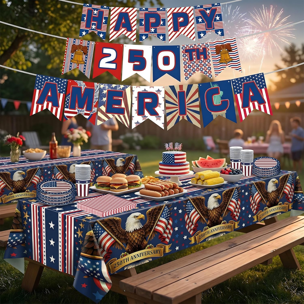 140 Pack 250Th Anniversary Decorations- Serve 24 - Patriotic Plates Tablecloth N