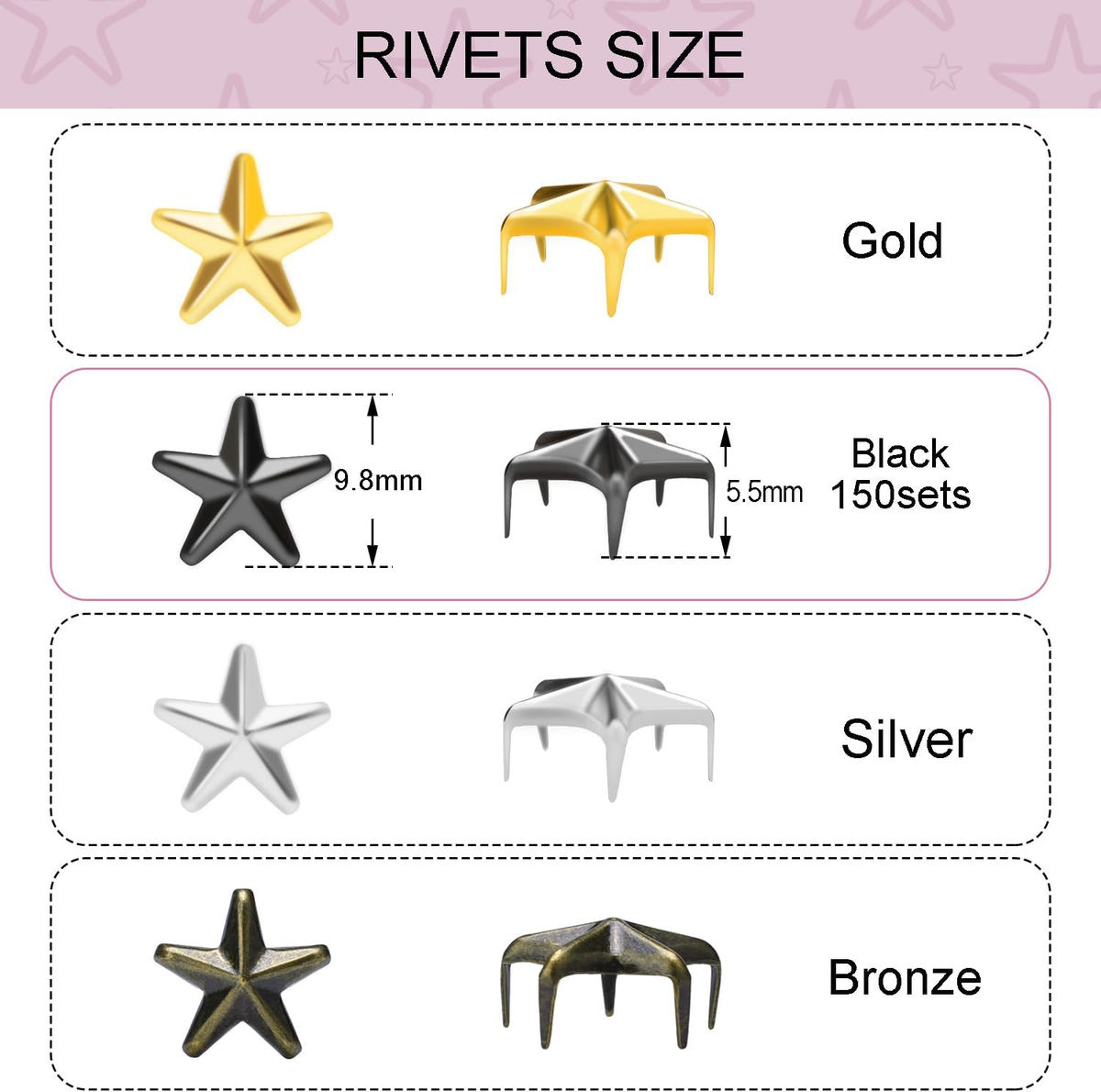 150Pack 10Mm Star Studs for Clothing, Small Star Nailheads Rivets Metal Spike St