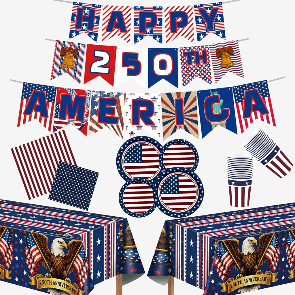 140 Pack 250Th Anniversary Decorations- Serve 24 - Patriotic Plates Tablecloth N