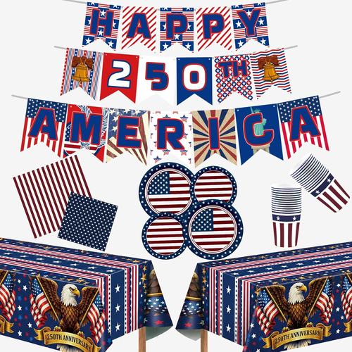 140 Pack 250Th Anniversary Decorations- Serve 24 - Patriotic Plates Tablecloth N