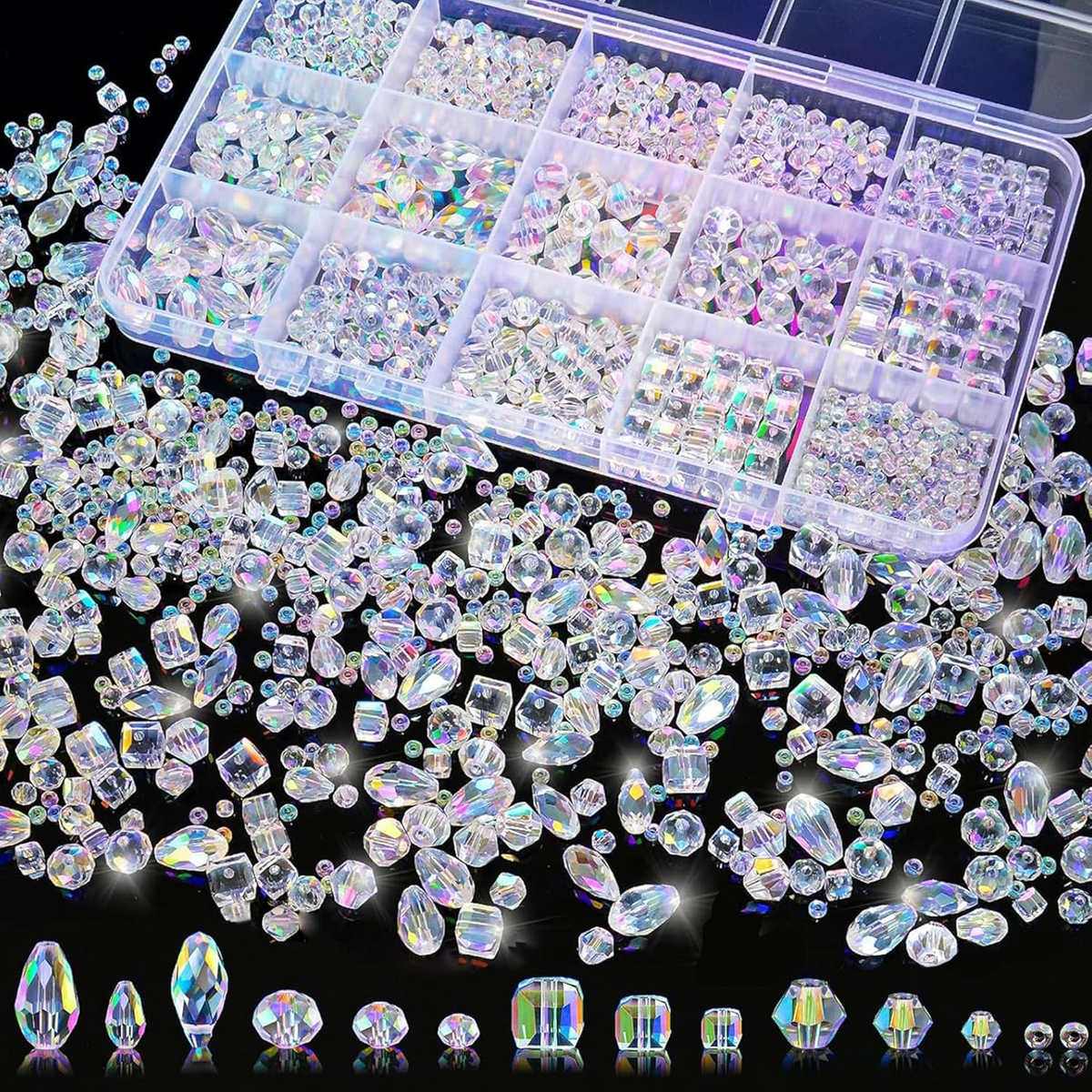 1500 Pcs Crystal Glass Beads for Jewelry Making – 12 Styles Bicone, Rondelle, Cu