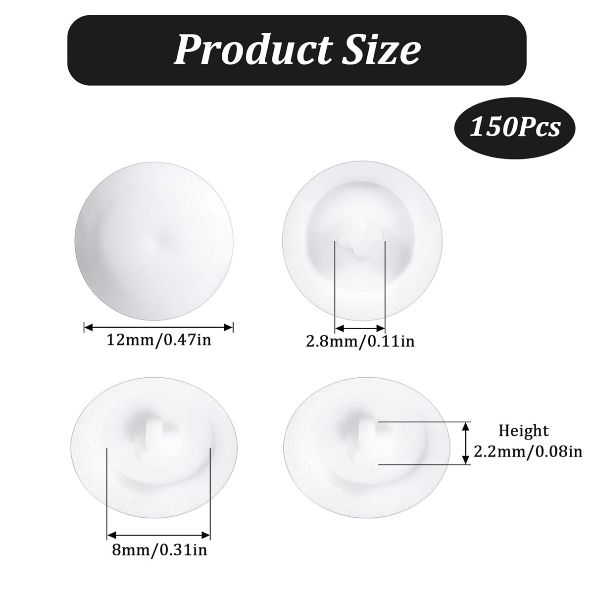 150 Pcs Screw Cap Covers, 12Mm Screws Caps White Waterproof Self Tapping Cap Dec