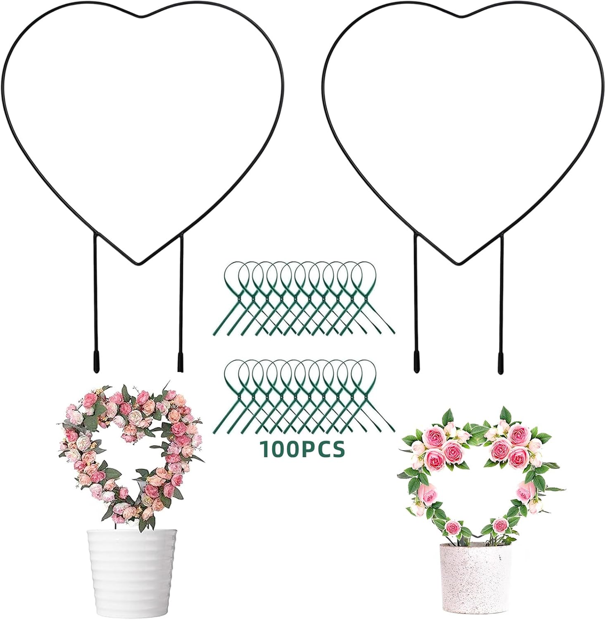 2 PCS Heart Shaped Plant Trellis Indoor with 100 Plant Twist Tie, Iron Heart Tre