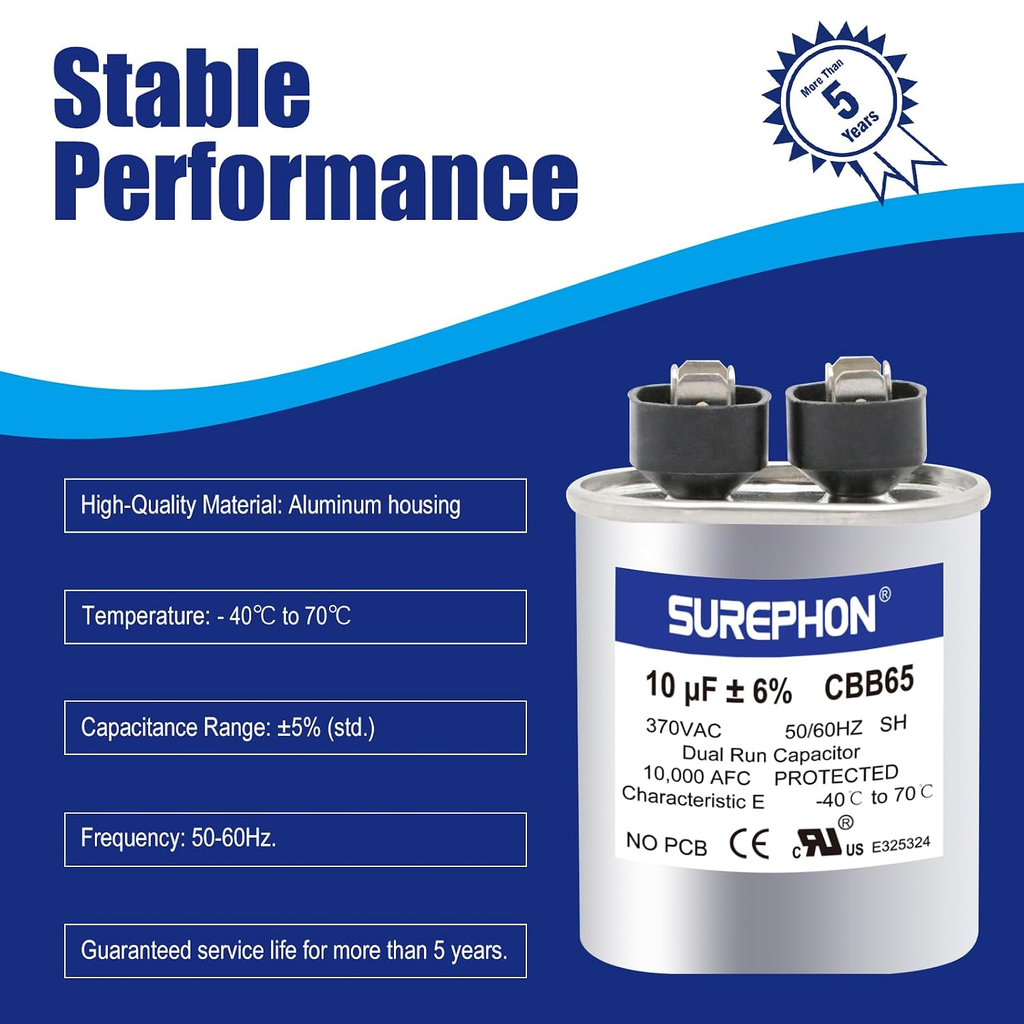 10 Mfd Capacitor 370V/440V Oval Run Start Capacitor for AC Motor Run or Fan Star
