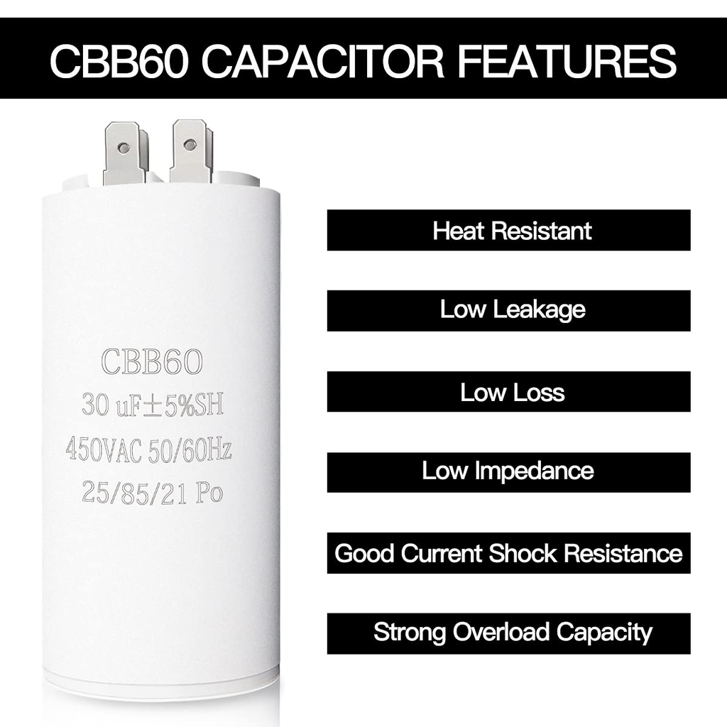30UF CBB60 Motor Run Capacitor, 450VAC 50/60HZ Cylindrical Capacitor for Motor R