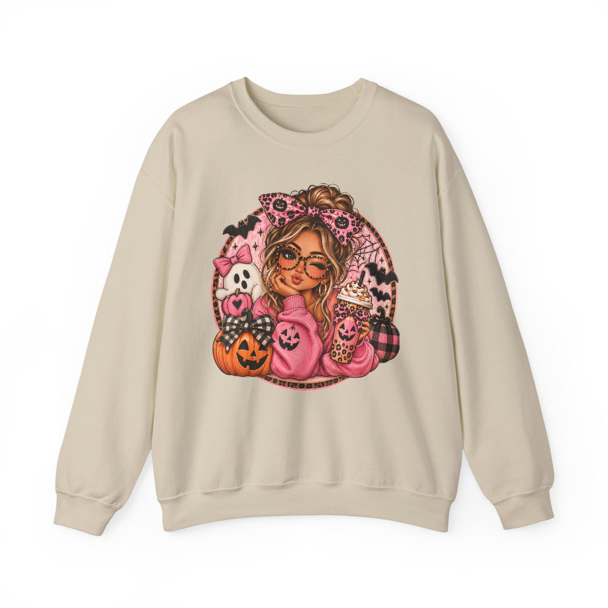 Halloween Girl Crewneck Sweatshirt – Cute Pink Pumpkin & Ghost Cozy Pullover