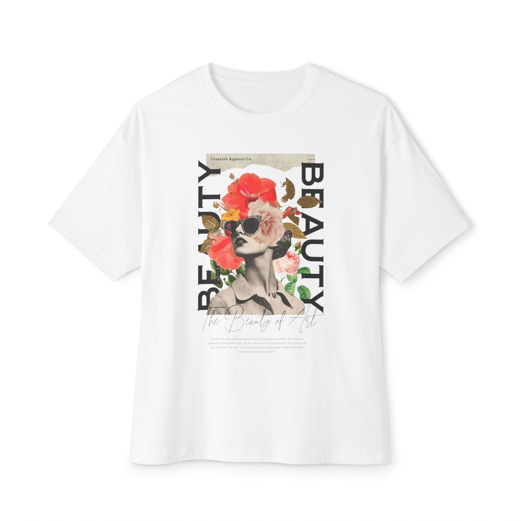 Floral Beauty Graphic Tee — Oversized Boxy Tee with Vintage Collage Design