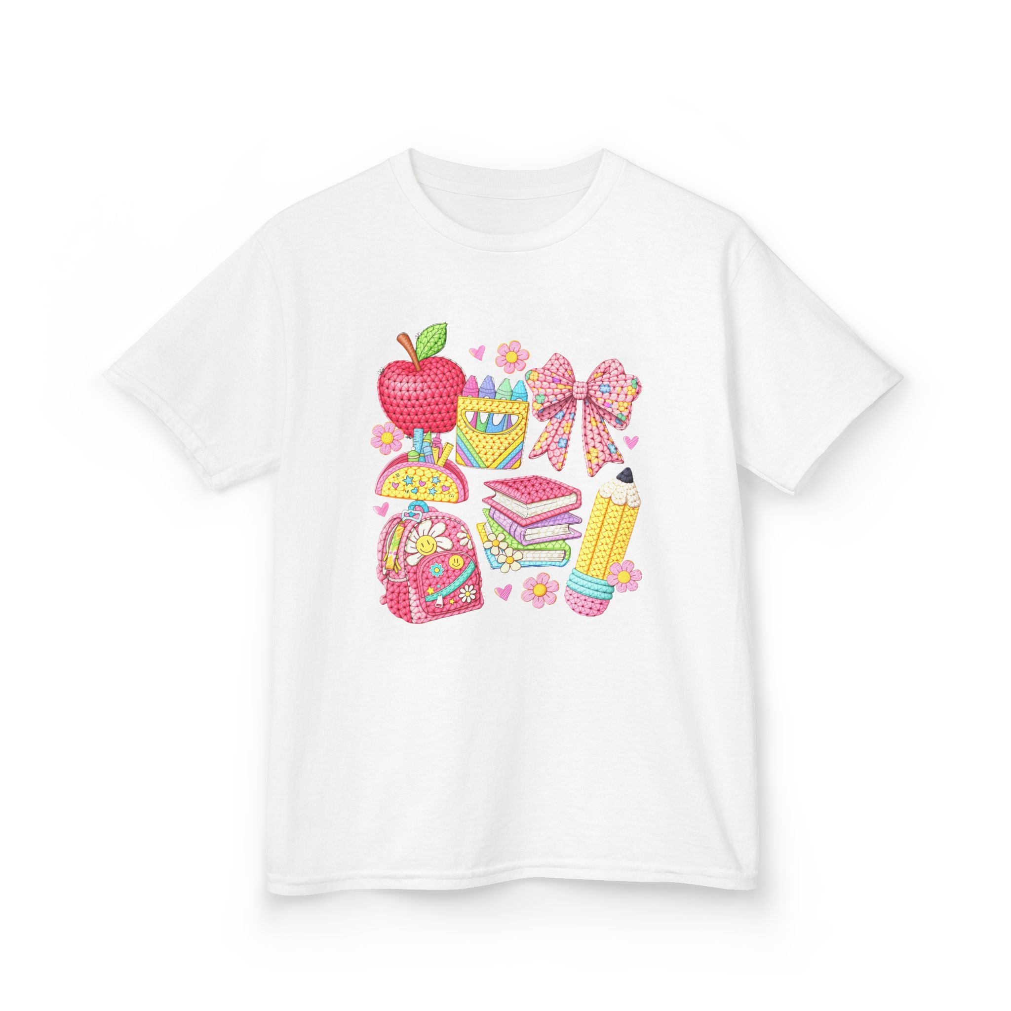 Kids Back to School T-Shirt — Cute School Supplies Design (Apple, Backpack, Books)