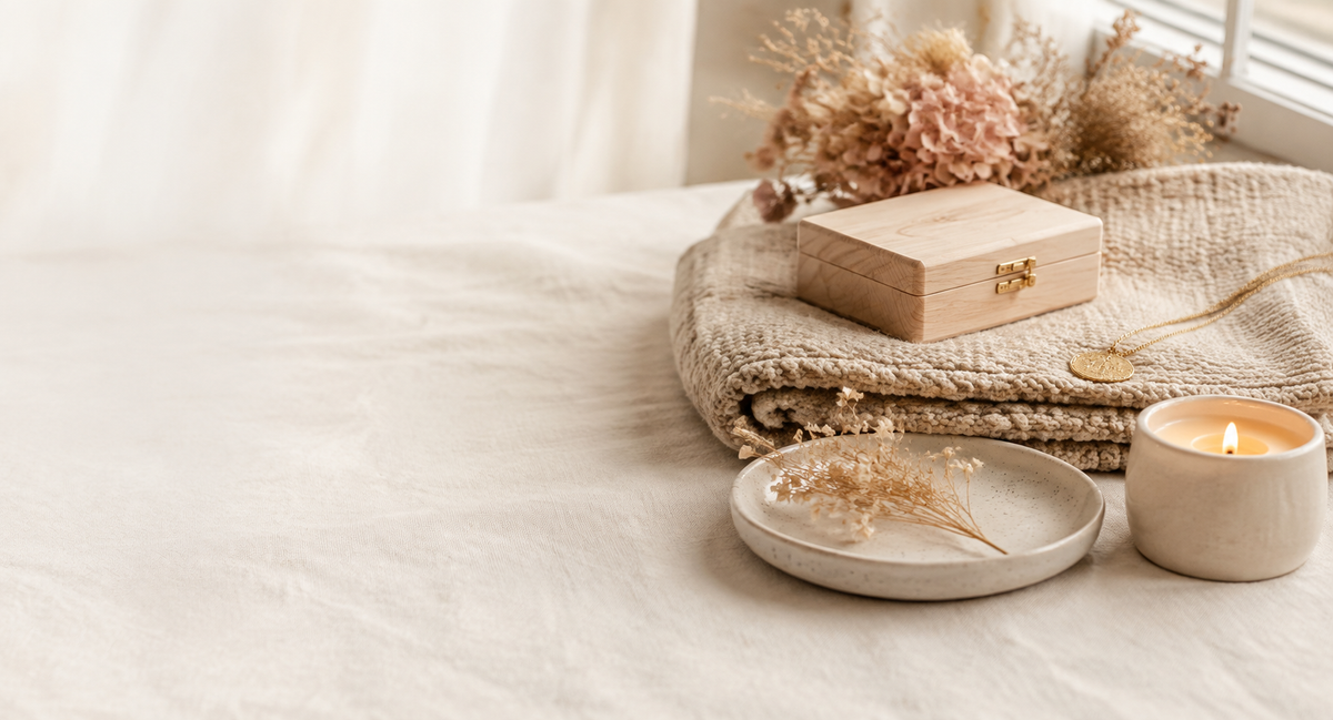 Comforting keepsakes, folded blanket, candle, and flowers in soft neutral colors